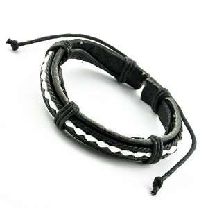 Adjustable Leather Bracelet with Black and White Hand braided Wrapped 