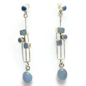   Art & Craft Style Blue Chalcedony & Silver Drop Earrings (2.5 Drop
