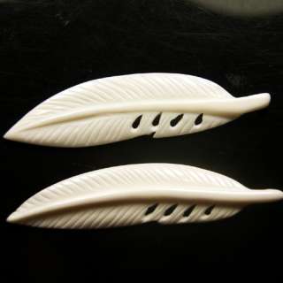 71 75mm Handmade Carved Bone White Feather Plume Bead 2  