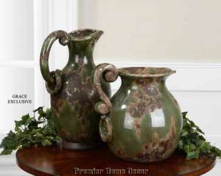 Old World Tuscan St/2 Distressed Ceramic Pitcher Vases  