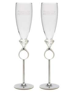   Engraved DIAMOND RING Bride And Groom Champagne Toasting Flute Glasses