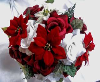 21pc Bridal Bouquet wedding flowers BURGUNDY/ CHRISTMAS  