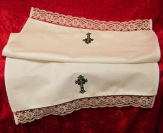 Small Altar Cloth/Credence Cover White Cotton/Lace & Black Ornate 