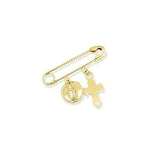    14k Yellow Gold Cross Mother Mary Safety Pin Brooch Jewelry