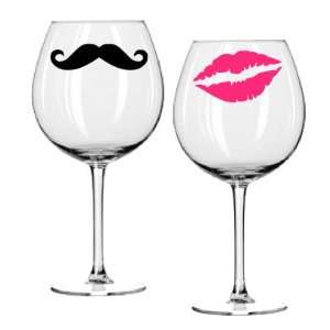Wine Glass Decal Set   Kiss and Mustache   Hot Pink Lips