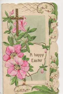 Vintage Easter Postcard    A Happy Easter   Cross, Flowers, Lace 
