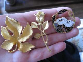 Vintage Goldtone Leaf, Rose & Enamel Flower Brooch Lot  