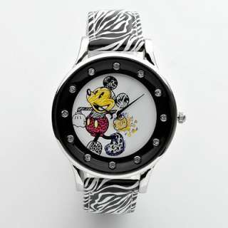 Disney Mickey Mouse Silver Tone Simulated Crystal Zebra Leather Watch