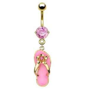Gold gp Pink Flip Flop Beach dangle Belly Navel body jewelry piercing 