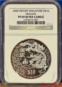 Rare 2000 Singapore $10 Dragon 2oz Silver Coin NGC PF69  