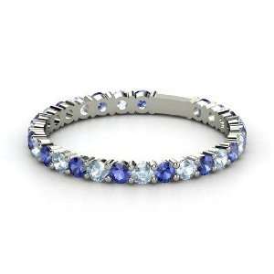 Rich & Thin Band, 14K White Gold Ring with Sapphire & Aquamarine