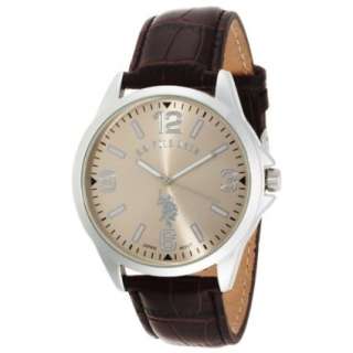Polo Assn. Mens USC50006 Oversized Gold Dial Leather Strap Watch 