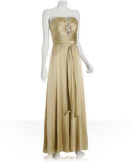 David Meister champagne silk charmeuse strapless jeweled dress 
