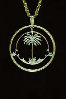 Tree, Palm Cut Coin Pendant Necklace 1 1/4 diameter  