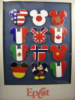 Disney World EPCOT Mickey Ears FLAGS 12 Pin Framed SET  