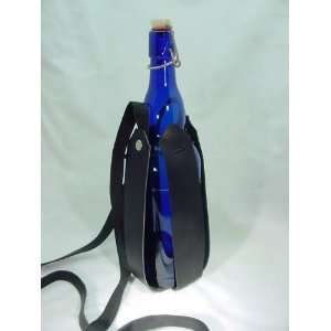  Black Leather Adjustable Bottle Holder with 1 Liter Glass 