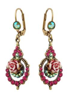 Michal Negrin Vintage Roses Dangle Earrings made with Peach Crystals 