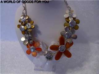   Precious Stones White, Orange, Brown Chunky Flower Statement Necklace