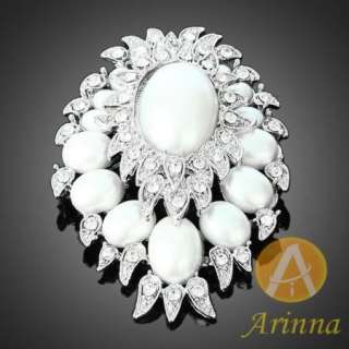 ARINNA clear oval pearl rhinestone fashion Brooch Pin 18K WGP 