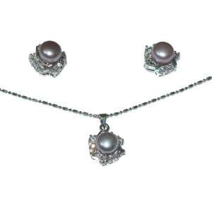    plated and Black Pearl w/ Diamond like Stones Jewelry Set Jewelry