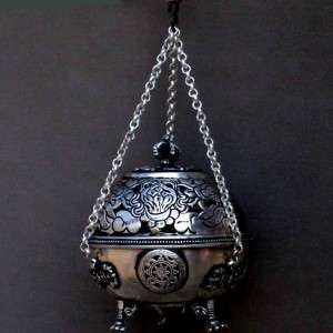 Tibetan hanging INCENSE BURNER, silver plated on copper  