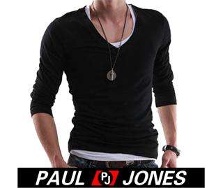 PJ Men’s Stylish Causal Long Sleeve T Shirt low cut V neck Size S M 