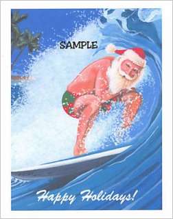 Tropical Santa Surfing Beach Parrot Christmas Cards  