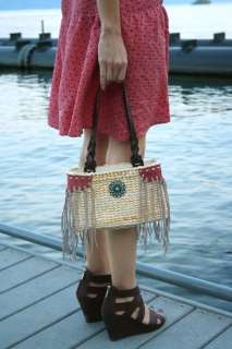 STRAW SUEDE FRINGE BAG Leather Turquoise Woven Purse  
