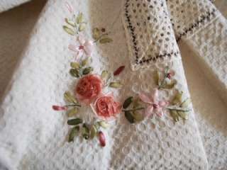 Hand Lace Silk Ribbon Embroidery Waffle Table Cloth XL  