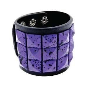  Black Leather Bracelet with Three Rows of Purple Studs 
