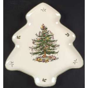 Spode Christmas Tree Green Trim 14 Tree Shaped Platter, Fine China 