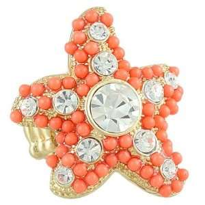   Coral and Crystal Starfish Gold Stretch Ring fits sizes 6 12 Jewelry