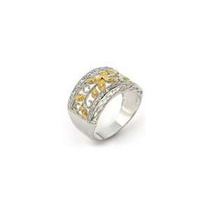  Wide Band Two Tone Sterling Silver and Gold Flower Ring 